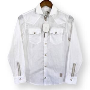 Eleventy Boys Western Shirt Size 12 (152/77) White Cotton Pearl Snap Kids Luxe